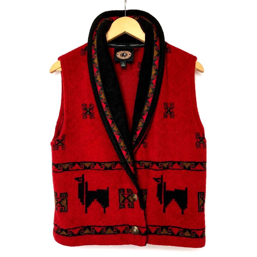 Vintage County Clothing Co Red Southwestern Fleece Vest L Aztec Llama Y2K